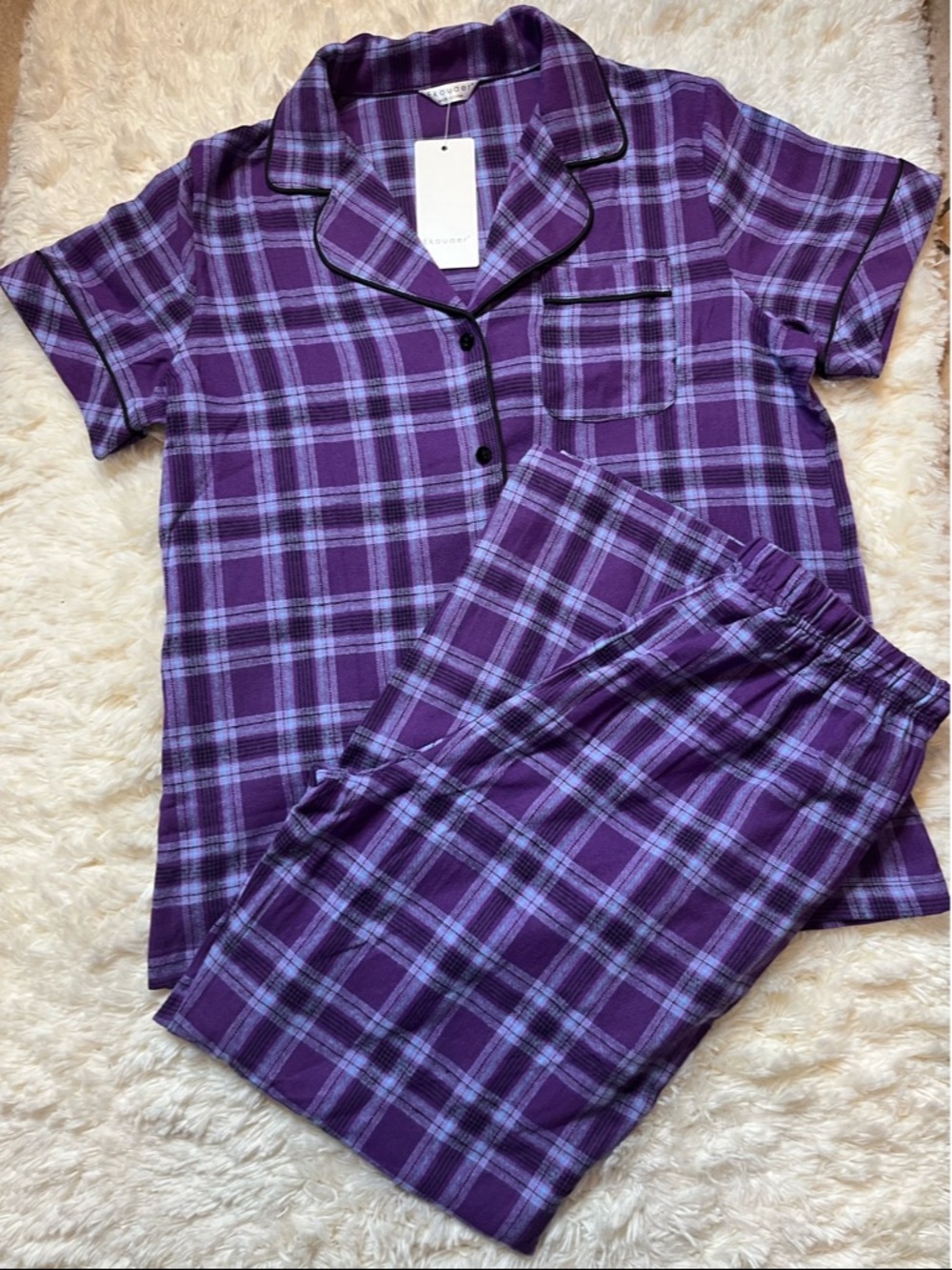 Ekouaer Women’s Purple Plaid Pajama Set Size Small Top & Pants 100% Cotton